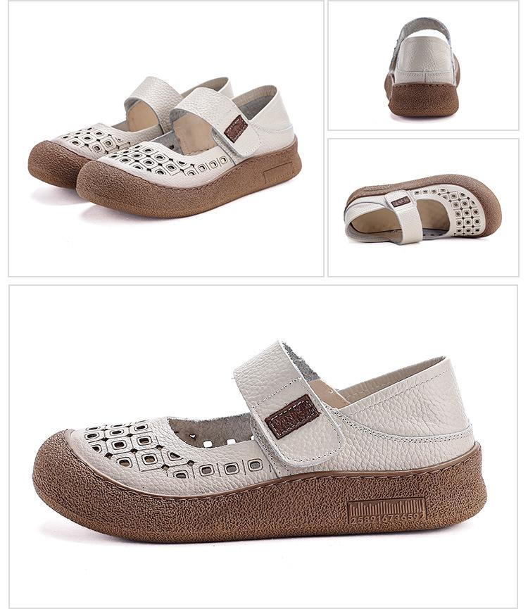 Fashion New Arrival Cutout Cow Leather Sandals Women Summer Mary Jane Flats Shoes Woman Hook Loop Soft Loafer Ladies Breathable Sandals