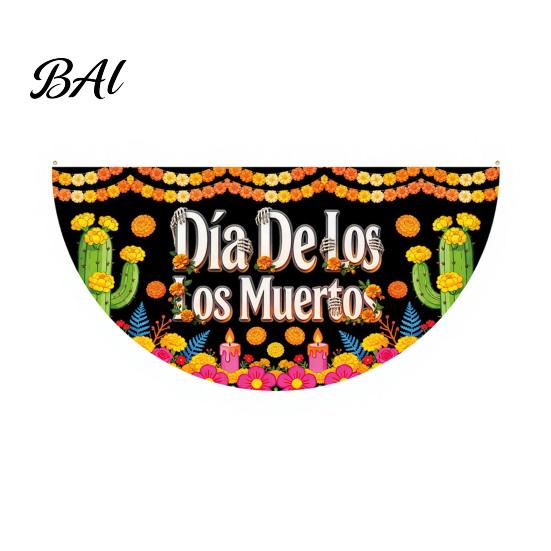Sugar Skull Fan Flag Day of The Dead Bunting Banner, Marigold Print Fiesta Mexican Festival Home Ornament Hanging Flag, Colorful Outdoor Yard