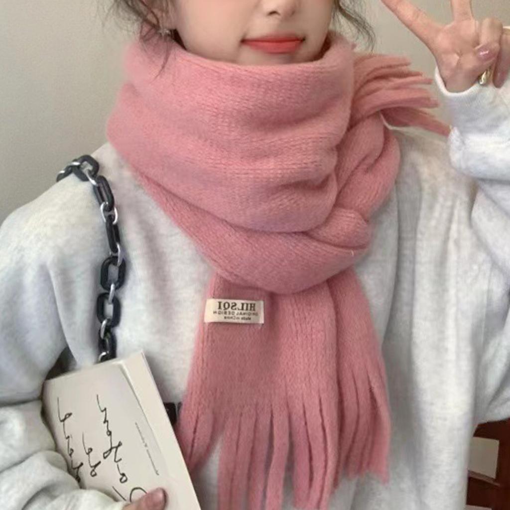 Winter Scarf For Women Sweet Pink Warm Shawls Wraps Female Thick Knitted Soft Long Tassel Shawl Neckwrap Solid Neckerchief
