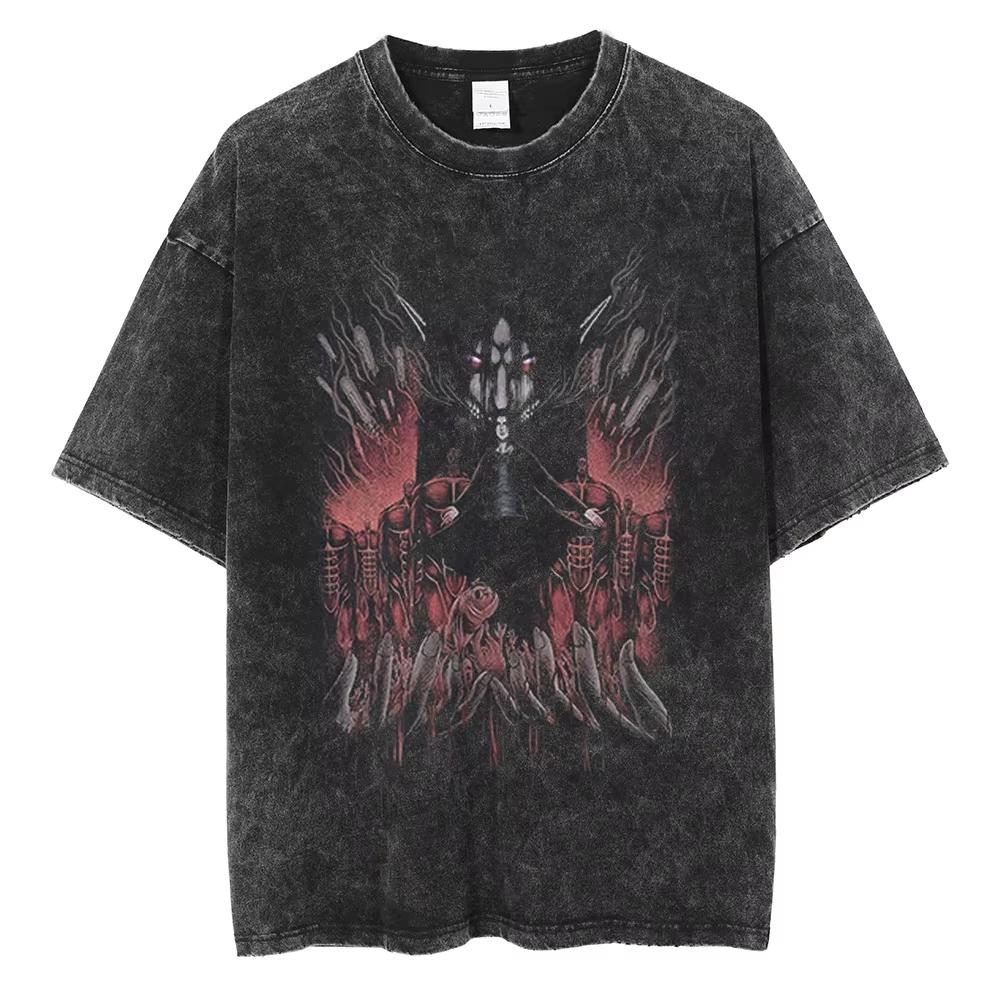 Summer Hot Sale Anime Attack On Titan Eren Jaeger Print Washed T-shirts Men Women Casual Retro Cotton T Shirt Hip Hop Streetwear Oversized T-shirt