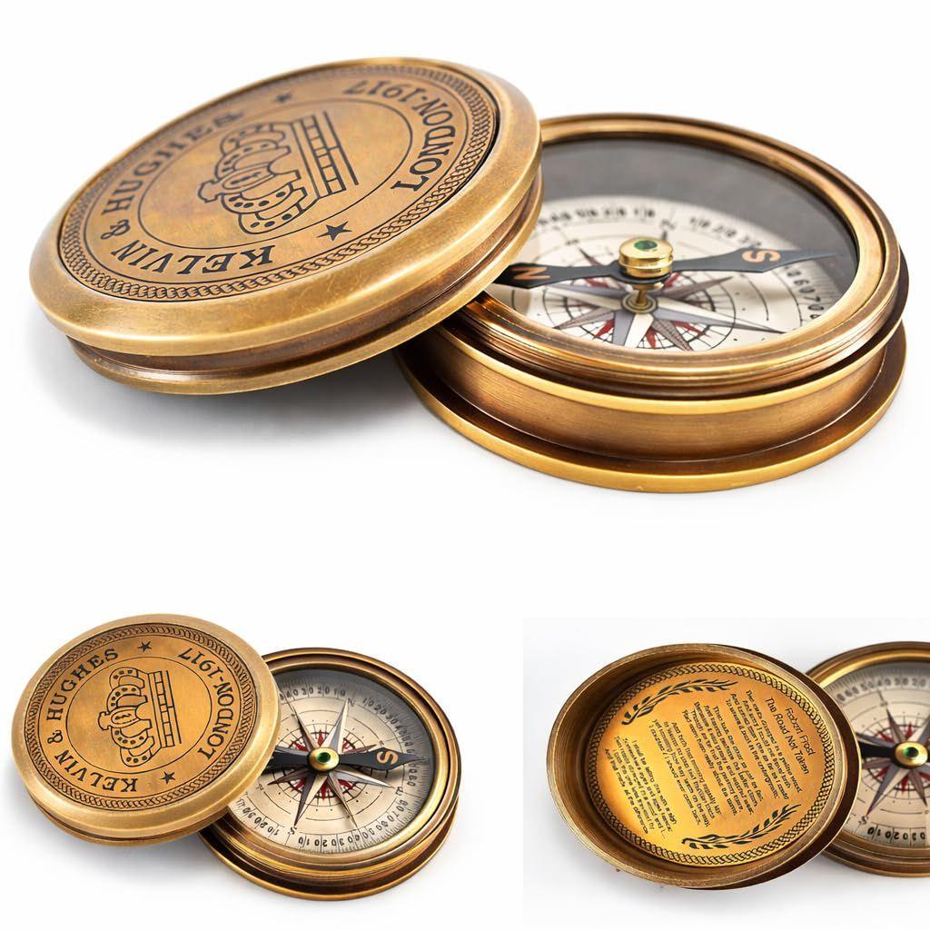 Antique Brass Pocket Compass with Robert Frost's The Road Not Taken Engraved Inside the Cover and Kelvin & Hughes