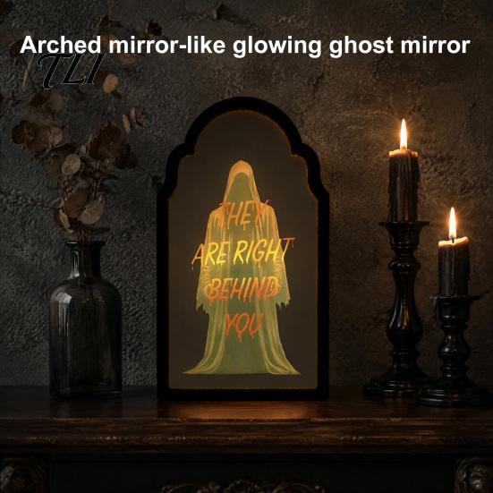 Lighted Wall Decor Light Up Ghost Mirror, Arched Wooden Frame Ghost/Grim Reaper Halloween Creepy Desktop Mirror Soft Ambient Decorative for