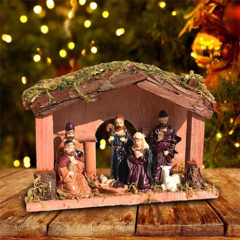 Christmas Nativity Scene Set Manger Ornament Religious Figures for Christmas Decoration
