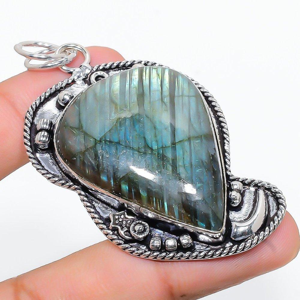 Подвеска ручной работы из стерлингового серебра 925 пробы с натуральным лабрадоритом 2,68 дюйма T8R23