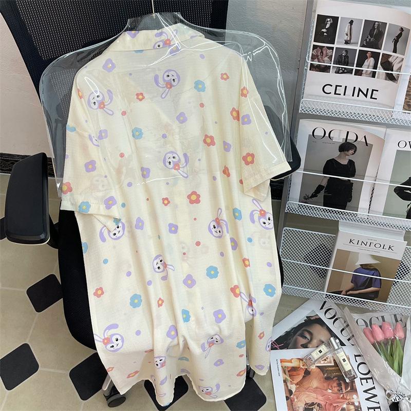 Xingdailu Cartoon Pattern Cardigan Loose Short Sleeve Summer Cute Cartoon Bubble Wrinkle Spring And Summer Loungewear