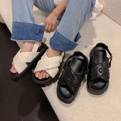 Сандалии из облачного хлеба летняя обувь маффин толстая подошва с перекрестными ремешками женская мода универсальные с открытым носком на плоской подошве пляжные сандалии