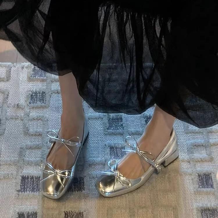 Французский бант легкий рот красные одинарные туфли женские весна и осень новые ретро фея балетки толстый каблук Мэри Джейн маленькие кожаные туфли