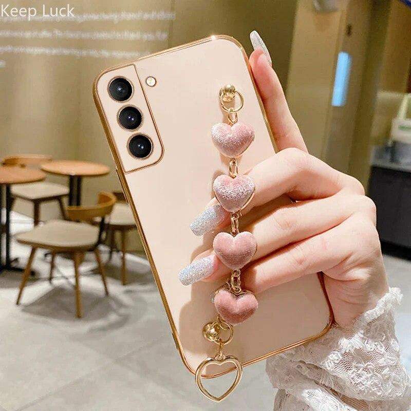 Плюшевый чехол-браслет с сердечком для Samsung Galaxy S23 S22 S21 S20 FE S10 S9 S8 Plus Ultra Note20 10, силиконовый чехол с цепным покрытием
