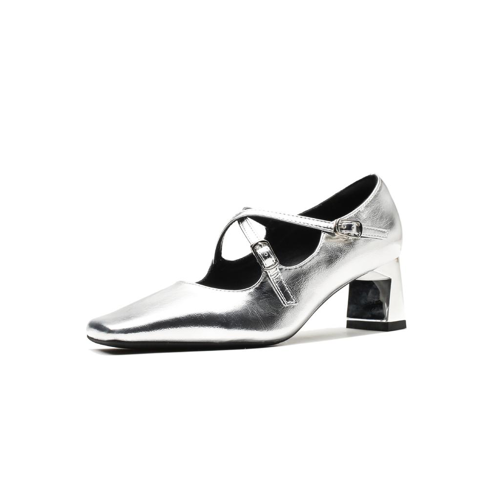 Cross-buckle 2025 spring new Mary Jane women's shoes square head retro silver thick heel light mouth versatile French single shoes