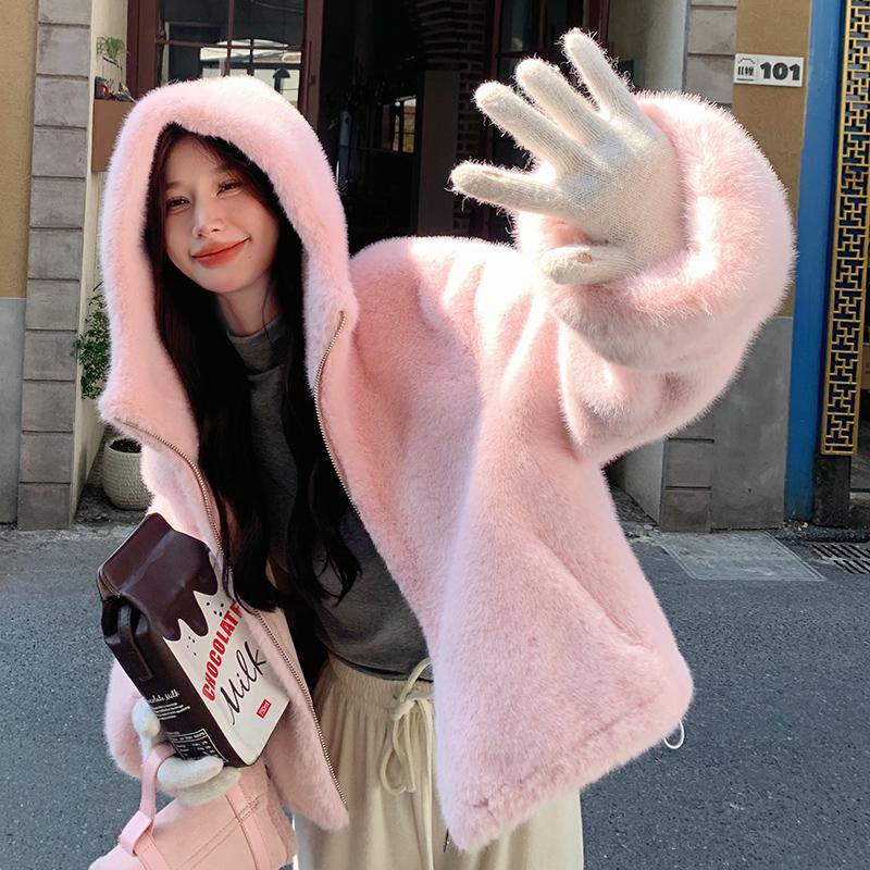 Короткое пальто из искусственного норкового бархата для женщин, осень-зима 2024, новый розовый мех ягненка, искусственный мех, плюш, утолщенный верхний слой