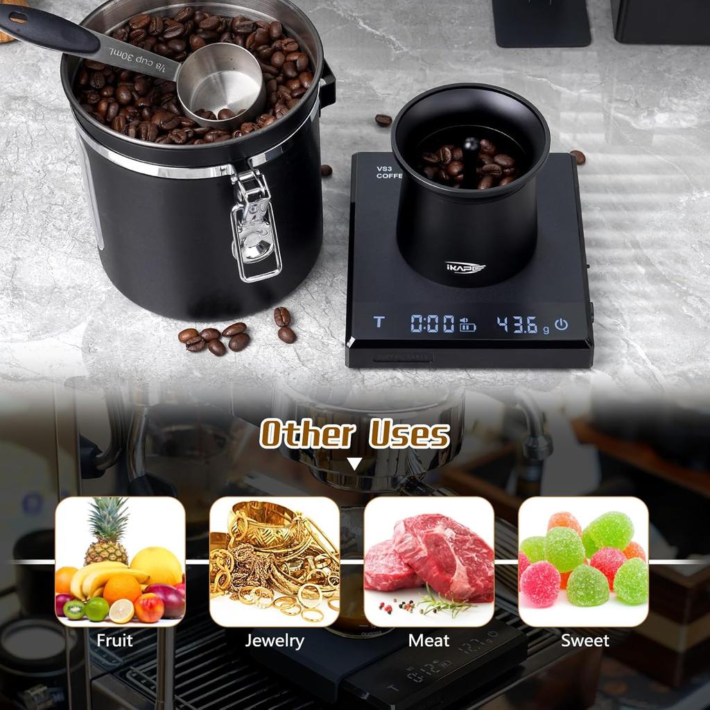 IKAPE Digital Coffee Scale with Timer, 2kg/0.1g High Precision Rechargeable Drip Espresso Scale with Tare Function, LED Display(Black)