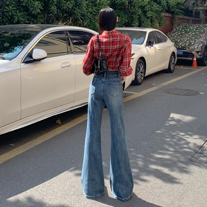 American retro high-waisted elastic micro-pull jeans women's spring new thin and versatile Korean version of trousers tide