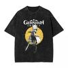 Юмор Альбедо Genshin Impact женщина Мужская уличная одежда Черная футболка с эффектом стирки Принт горячим тиснением Футболки Харадзюку Летние футболки с коротким рукавом