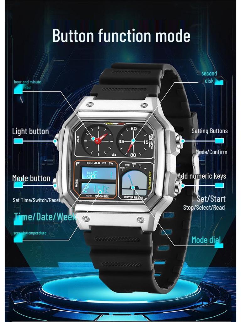 Sanda Temu Студенческие спортивные часы с измерением температуры, водонепроницаемые, двойной дисплей, многофункциональный квадратный дизайн