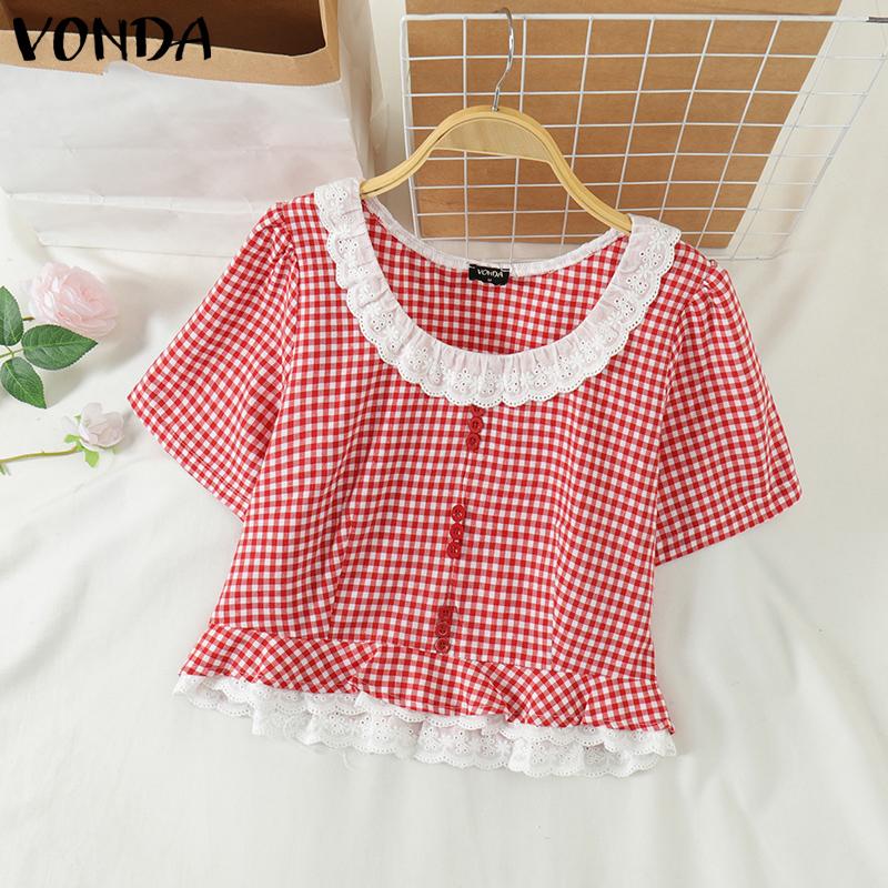 VONDA Женские летние кружевные блузки с квадратным вырезом в клетку с коротким рукавом и пузырьками