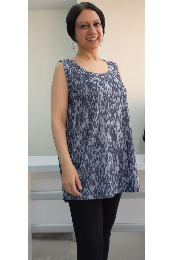 Women's Style Big Size T-Shirt Light Navy Blue (Indigo) Patterned Thick Strap Combed Cotton T-Shirt