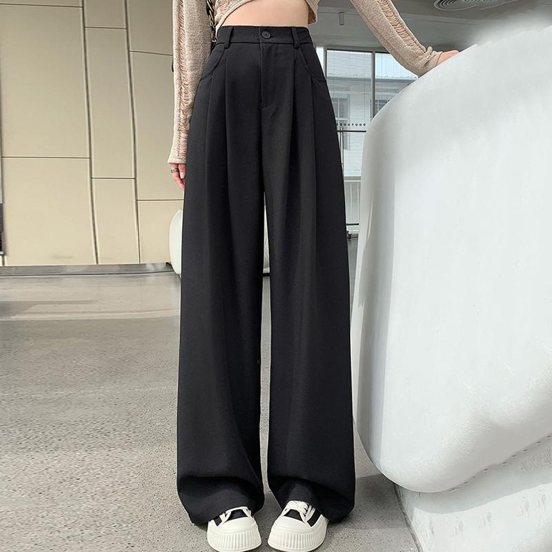 Модные новые женские прямые широкие брюки с высокой талией, простые офисные женские однотонные повседневные брюки, свободные элегантные облегающие женские брюки с карманами 25625