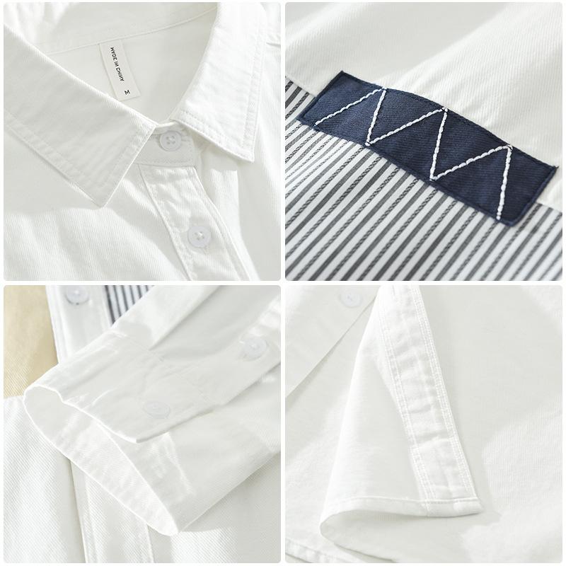 Весенние и летние белые рубашки с длинным рукавом для мужчин, уличные полосатые рубашки в стиле пэчворк, мужские повседневные топы из чистого хлопка, молодежная модная мужская одежда