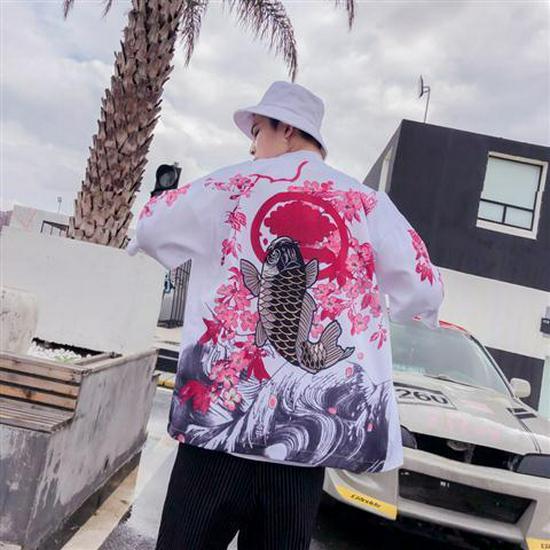 Кардиган-кимоно унисекс в стиле ретро укиеэ: Японско-китайский стиль, свободный крой, рукава 3/4