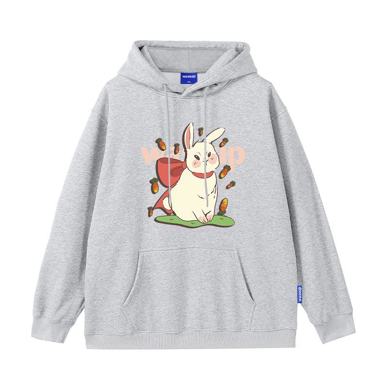 Wassup Rabbit Trendy Brand Hooded Sweatshirt for Men, New Autumn and Winter Loose Fit, Fleece-Lined, Couple Style Casual Top Jacket