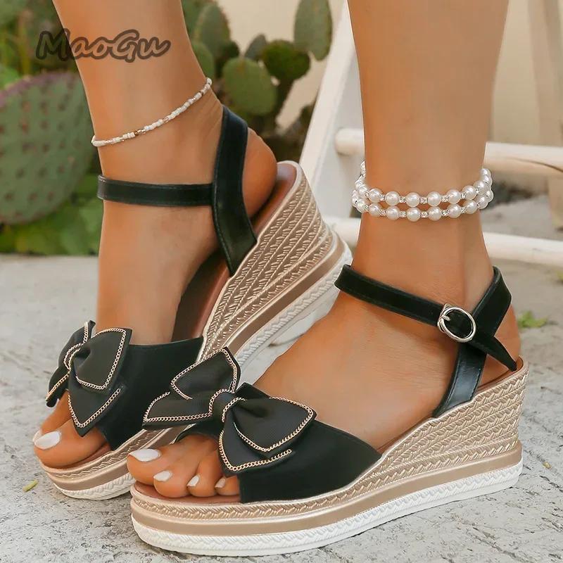 Fashion Lovely Girls Beige Bowtie Sandals Comfortable Platform Wedge Heels Shoes Woman Open Toe Ankle Strap Size35 42 Sandalias Mujer