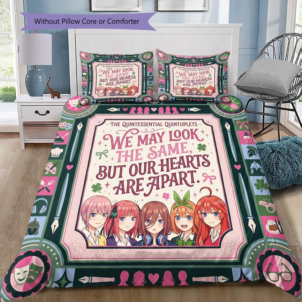 The Quintessential Quintuplets Pattern Bedding Quilt Set Quilt Cover Pillowcase Home Birthday Gift(1 * duvet cover + 2 * pillowcase, without core)