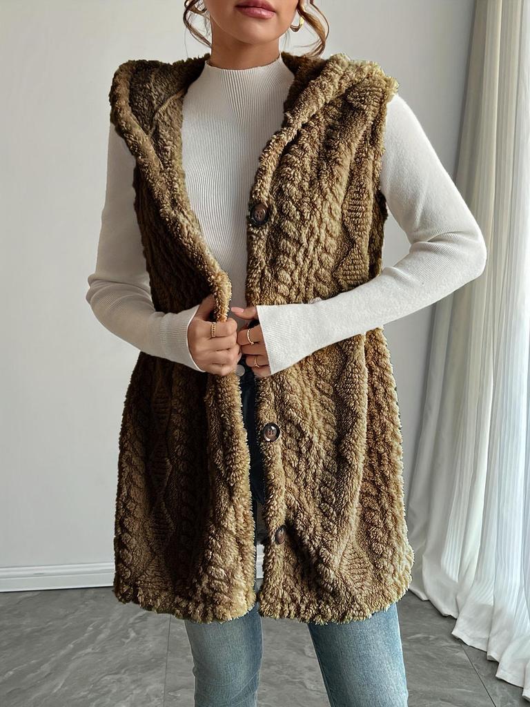 Европейско-американский однотонный двусторонний плюшевый кардиган на пуговицах с капюшоном - повседневный женский жилет для осени/зимы