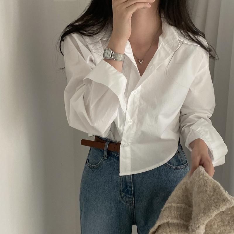 Простая повседневная базовая рубашка с короткими лацканами, свободная рубашка для поездок на работу, топ с длинными рукавами для женщин