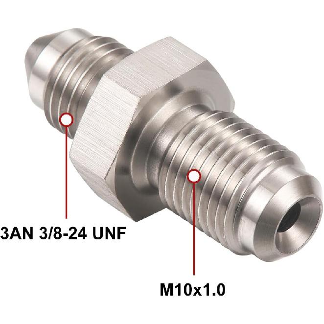 3AN Male to M10x1.0 Metric Stainless Steel Brake Clutch Adapter Fitting Connector