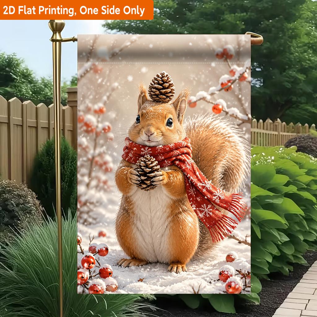 2D Flat, 2D Flat Printing Garden Flag 1pc, Squirrel with Pinecone Winter Scarf Durable Single-Sided Print Yard Flag, Garden & Home Holiday Decoration,