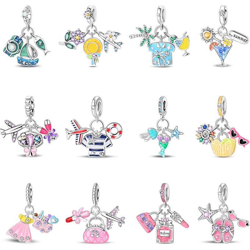 New Summer Day 925 Silver Seaside Sailboat Coconut Tree Sunglasses Camera Charms Beads Fit DIY Silver Bracelets Jewelry