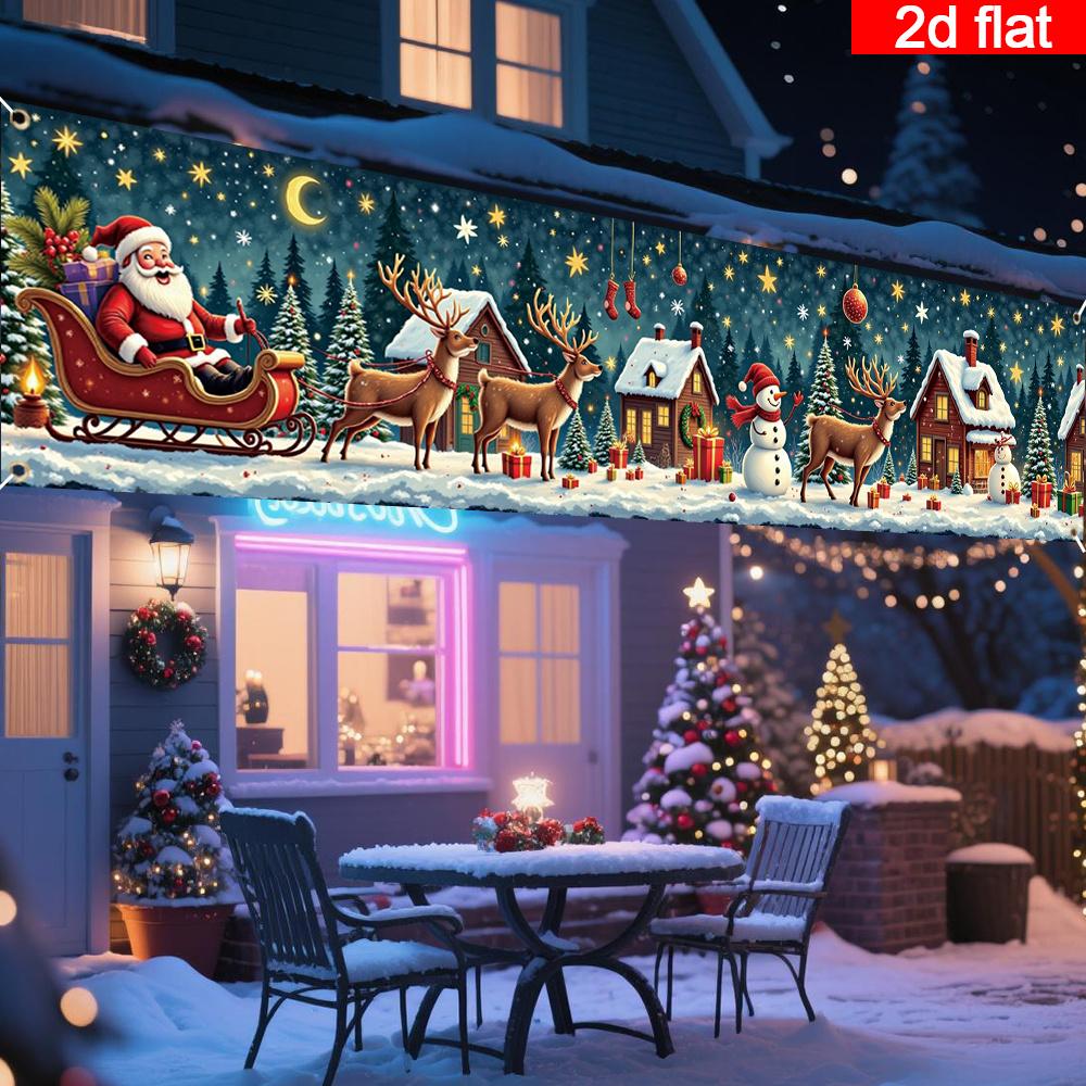Large 18x78in Christmas Party Fence Banner, Checkered Lace Santa on Sled Deer Snowman Pattern, Polyester Outdoor Indoor Decoration