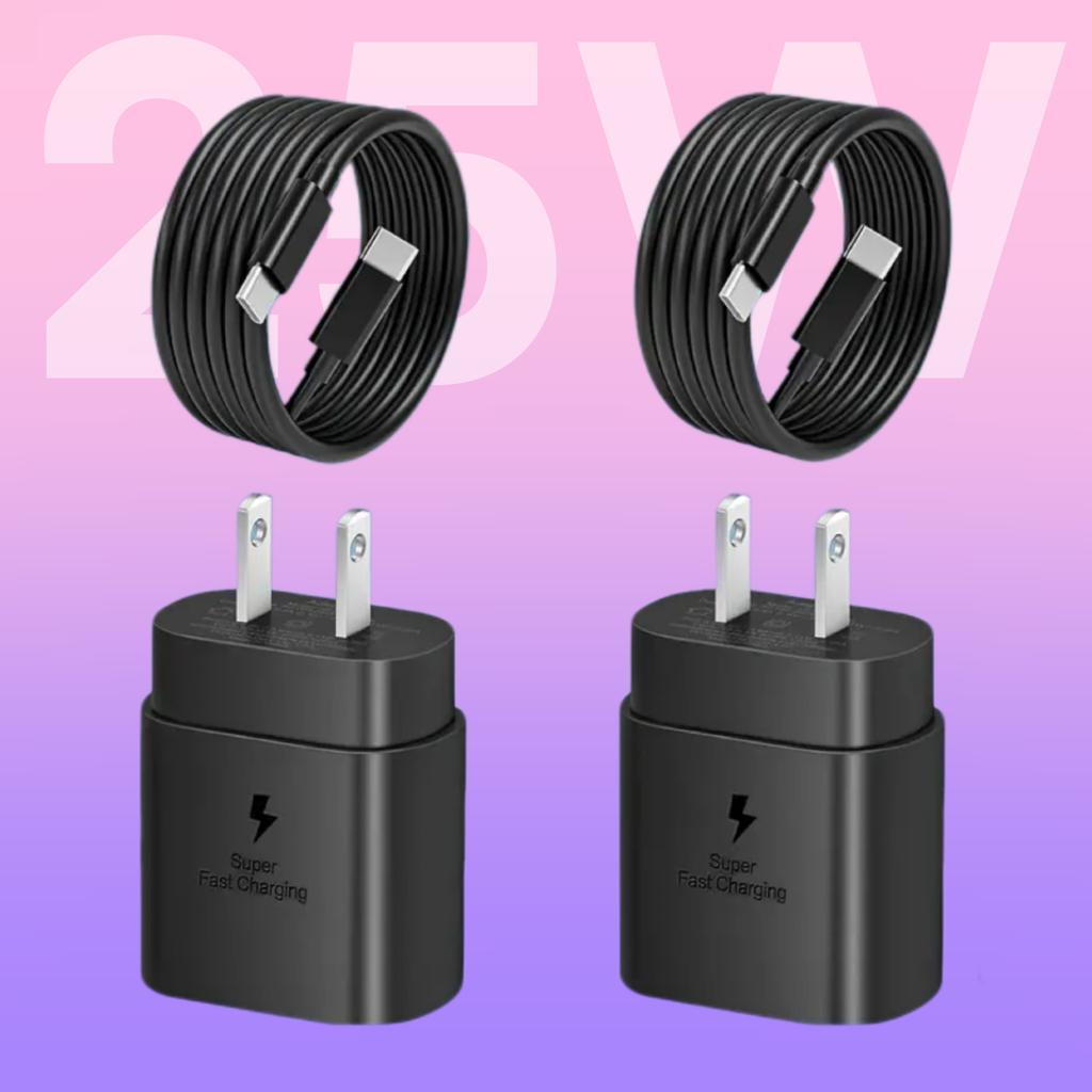 2 шт. Быстрое зарядное устройство USB C 25 Вт Супербыстрое зарядное устройство Блок зарядки Type C с кабелем для быстрой зарядки Type C для Samsung