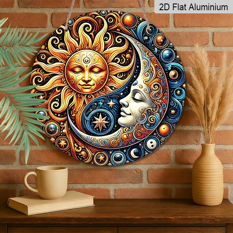 2D плоский, 1 шт. Фэнтезийная металлическая алюминиевая табличка Солнце и Луна - Загадочный художественный стиль Алюминиевый настенный декор для сада, патио, в помещении и на улице - Небесный