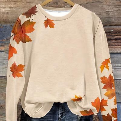 Элегантный пуловер с принтом в виде кленового листа, толстовка с капюшоном для осени и зимы, повседневная женская спортивная рубашка с длинными рукавами и круглым вырезом