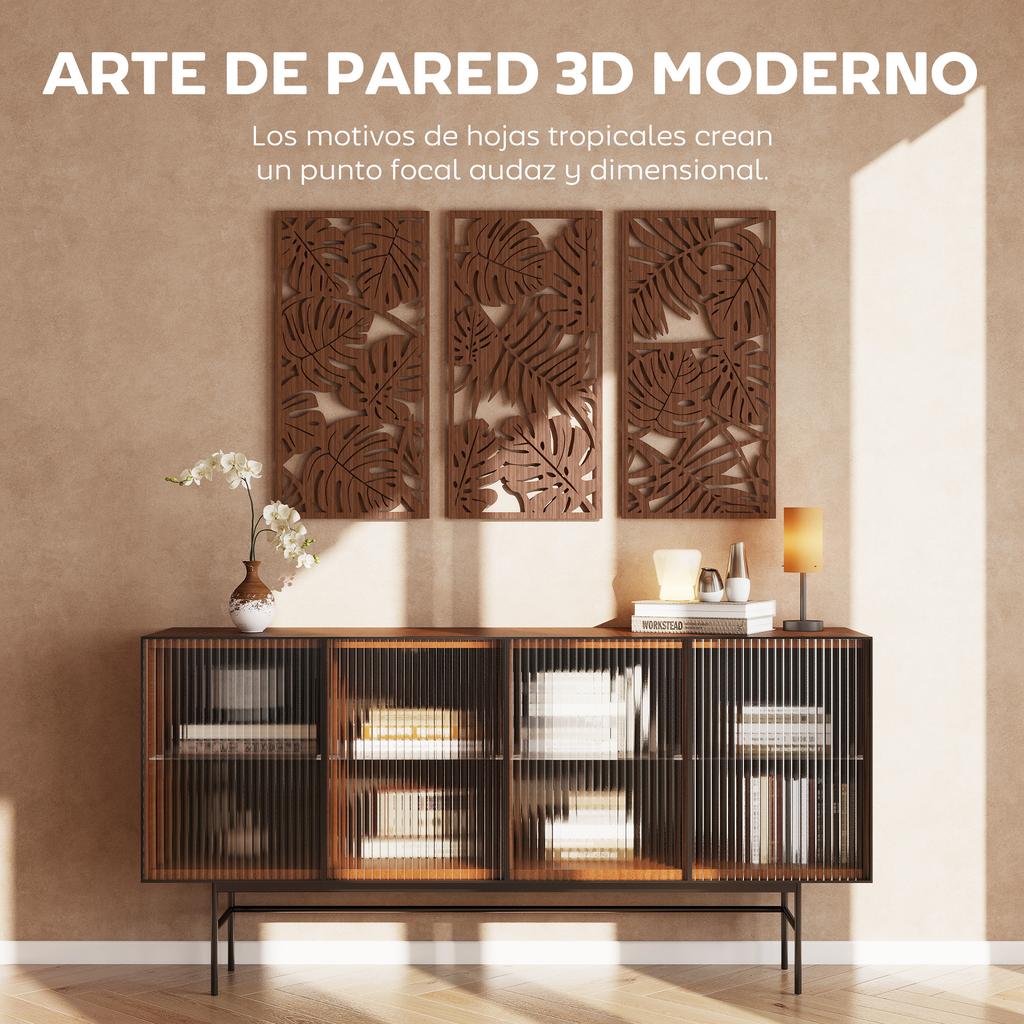 Wooden Wall Decoration, 3D, 3 Pieces, 40 x 80 cm, Tropical Leaf Pattern, Walnut