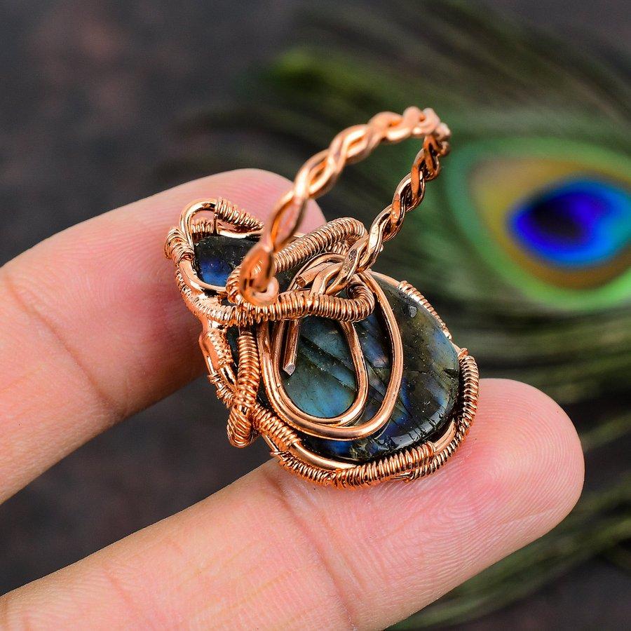 Natural Labradorite Gemstone Handmade Copper Wire Wrap Gift Ring Size 9 o9J76