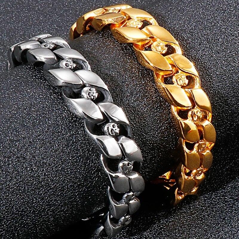 Punk Gothic Stainless Steel Skull Head Curb Chain Bracelet For Men Male 13MM 8.5 Inches Boys Mens Biker Bracelets Dropshipping