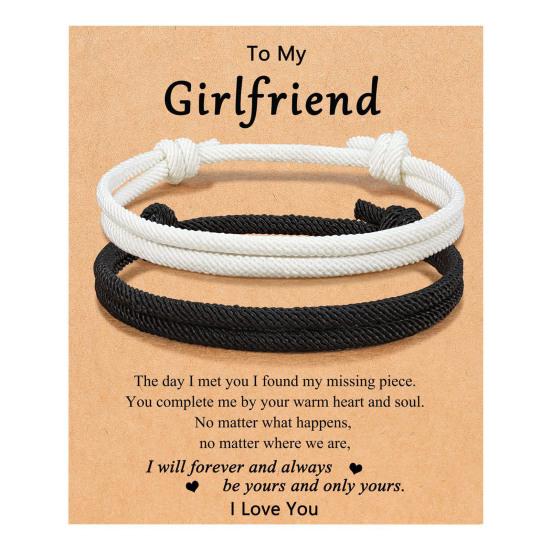 2Pcs Black White Adjustable Couple Rope Bracelet Handwoven Friendship Wristbands Birthday Gift