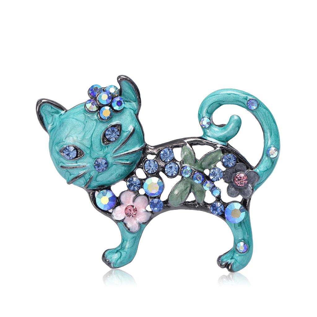 Lovely Enamel Cat Brooch Women Rhinestone Flower Animal Corsage Pins Gifts