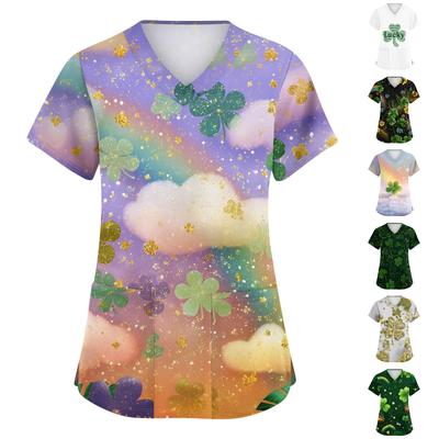 Женская мода с v-образным вырезом, короткими рукавами и карманами, топы с принтом