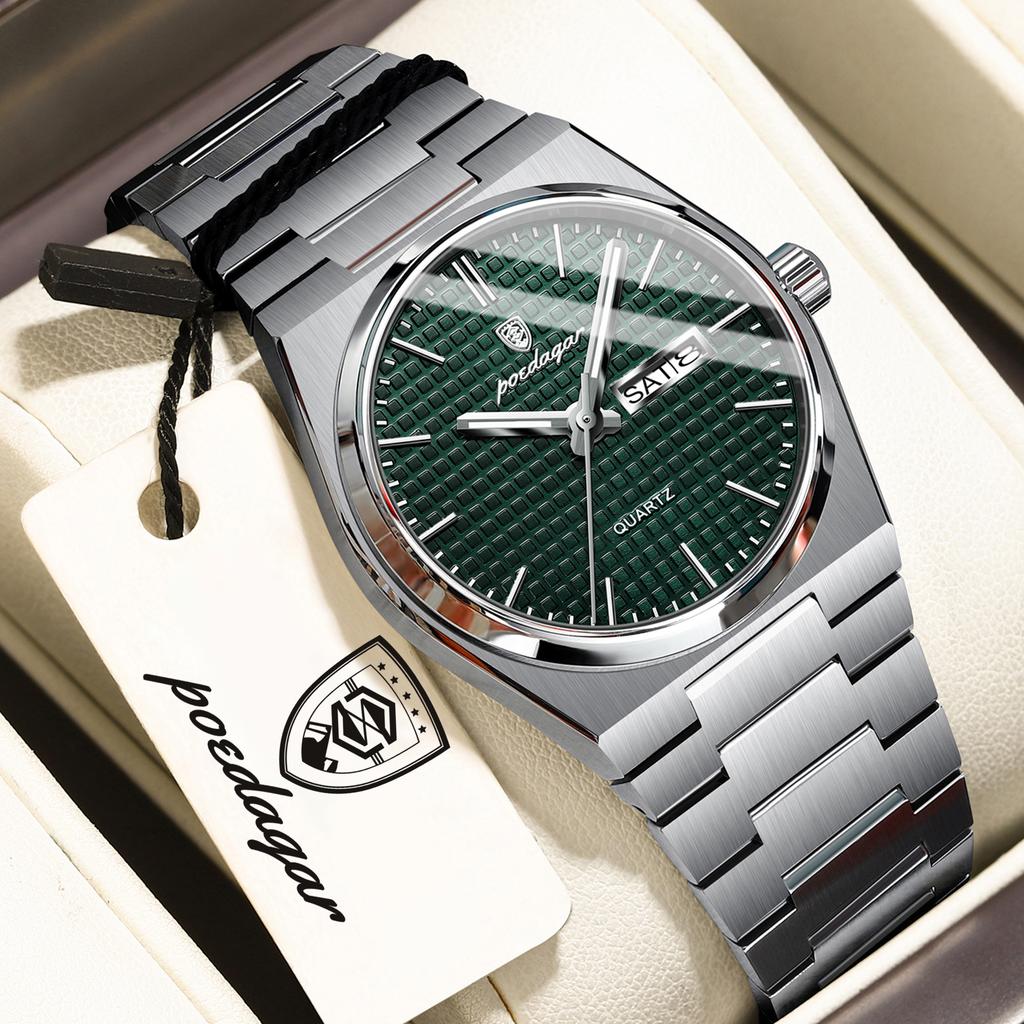 POEDAGAR Original Luxury Man Wristwatch Luminous Waterproof Stainless Steel Men's Clock Date Week Quartz Fashion Watches For Men