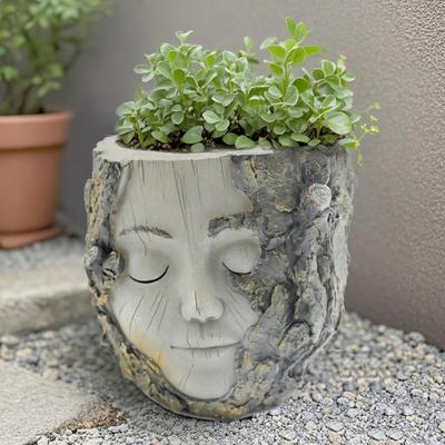 Ручная работа, Пластиковый горшок-пень с лицом девочки 5", Голова-пень из смолы, Ваза для цветов с дренажным отверстием, Декор для сада, патио, стола