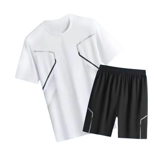 Комплект из 2 предметов: мужской спортивный костюм, круглый вырез, короткий рукав, футболка, эластичный пояс, шорты, быстросохнущая спортивная одежда