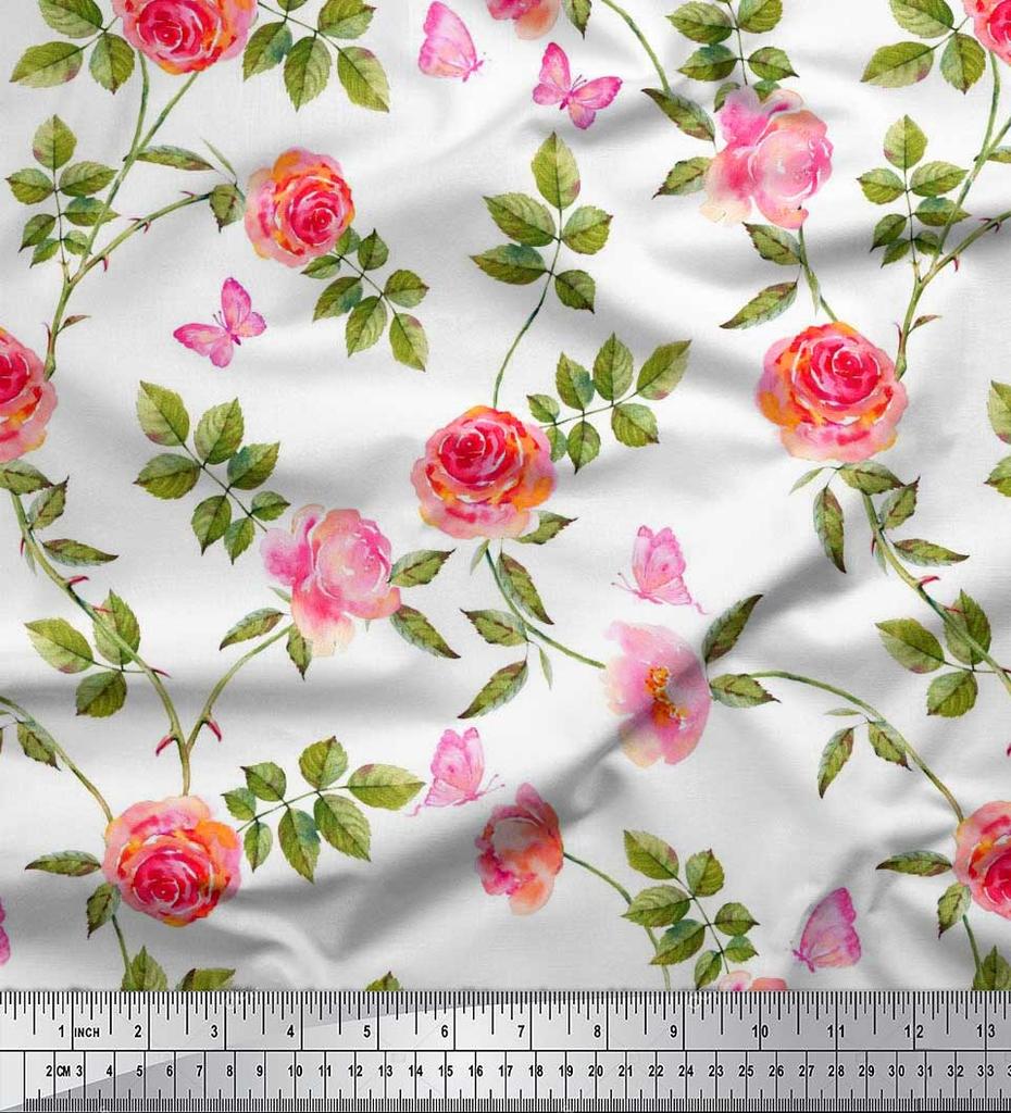 Soimoi Японская креп-сатиновая ткань с листьями, розами и пионами, ткань с цветочным принтом по метрам, 42 дюйма