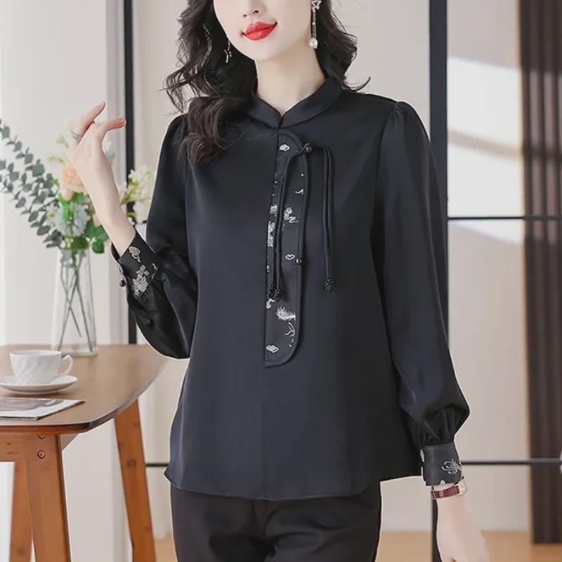 Women's Spring 2024 Satin Retro Long-Sleeve Shirt - Light National Style Top