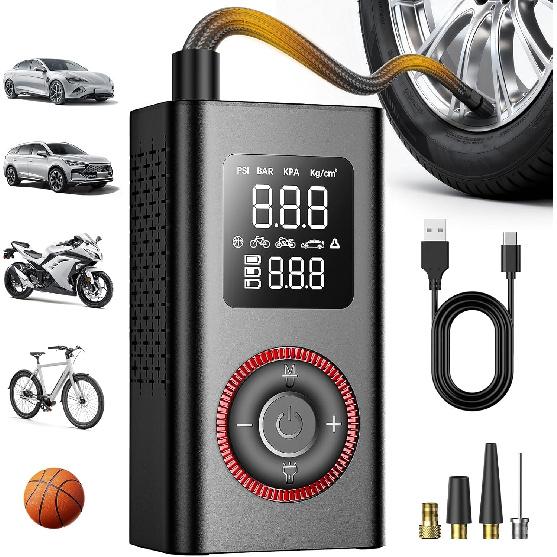 Tire Inflator Portable Air Compressor with Type-C Charging, Digital Pressure Gauge, LED Light, Smart Air Pump for Car, Motorcycle, Bike, Ball