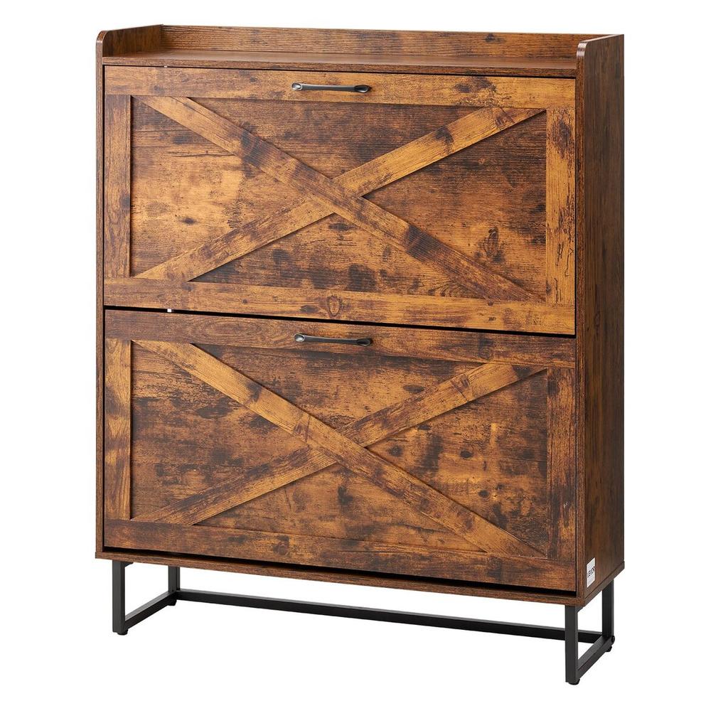 Shoe Cabinet with 2 Flip Drawers, Farmhouse Shoes Storage Cabinet with Metal Legs and Anti-Tipping Device, Freestanding Shoe Organizer Ideal for