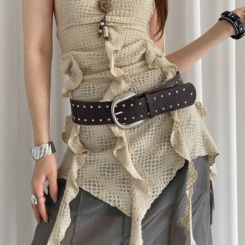 Y2k Women Rivet Belt Vintage Punk Style Belt Fashion Wide Leather Waistband  Pants Accessories