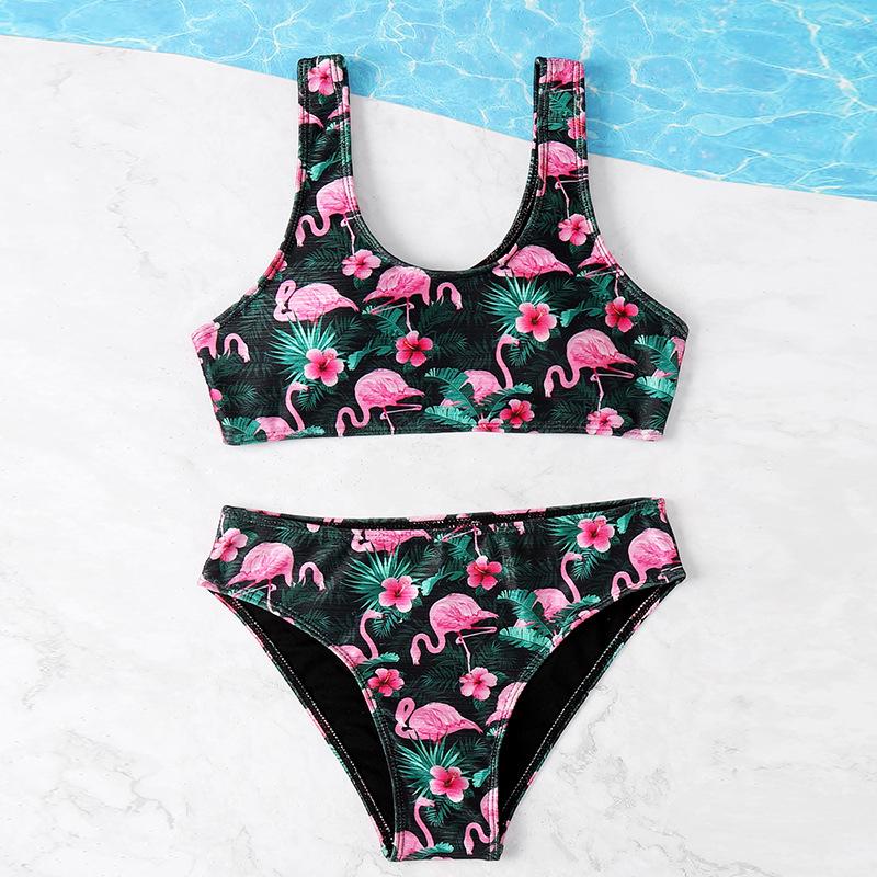 Модный комплект из 2 предметов для девочек-подростков, комплект купальников бикини, майка с принтом фламинго и трусы, купальник, детский купальный костюм танкини